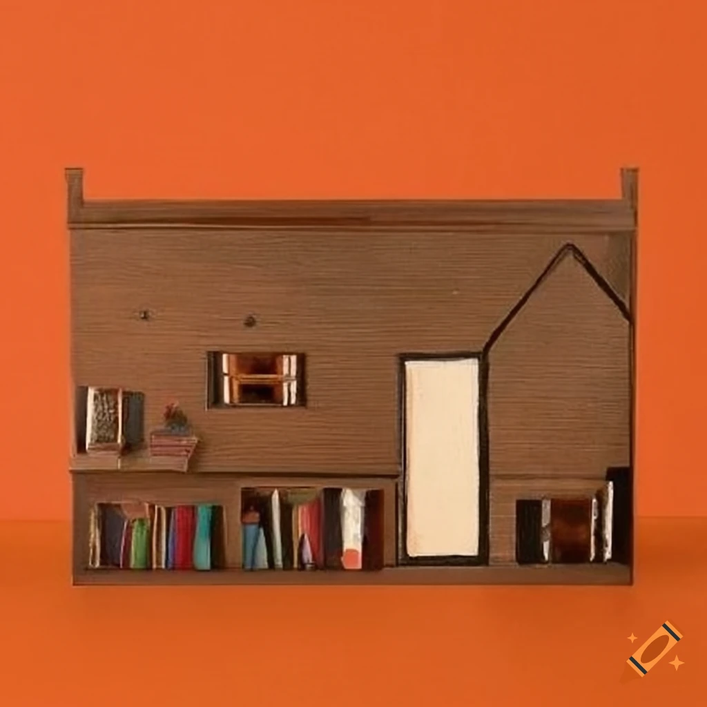 Intricate minimalist artwork of a dollhouse interior in black tones