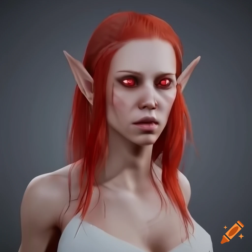 Pale-skinned elf girl with red hair and eyes on a grey background on ...