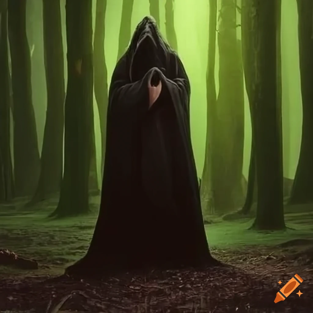Monk in a dark forest wearing a black robe, obscured face, in a gloomy atmosphere