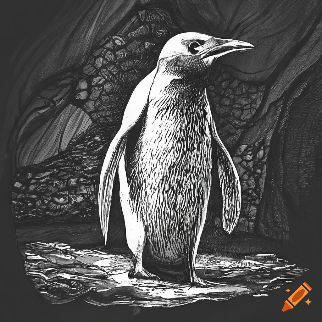Surrealistic penguin with oversized fins and elongated beak in an icy cavern