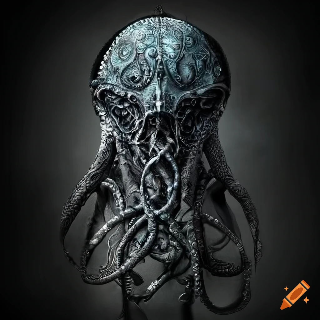 Intricately-designed Lovecraftian-themed black leather vest for sci-fi art