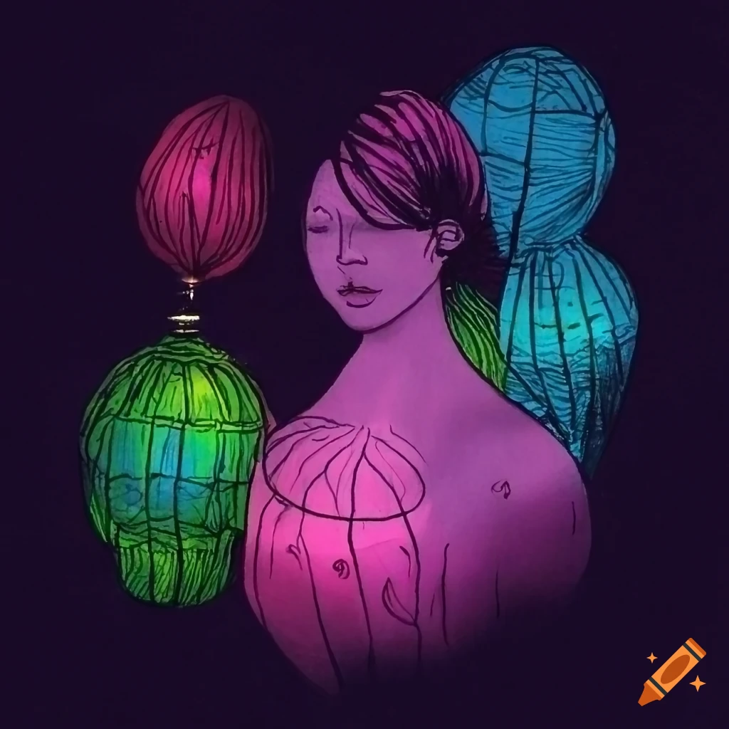 Ink drawing of garden lights in green, purple, red, and blue hues