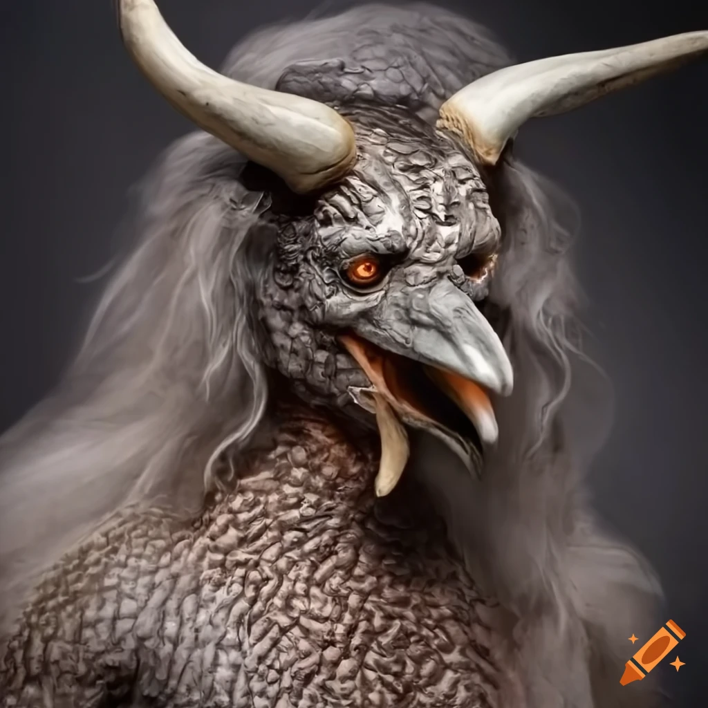 Mythological creature with raven beak, minotaur horns, and intricate textures
