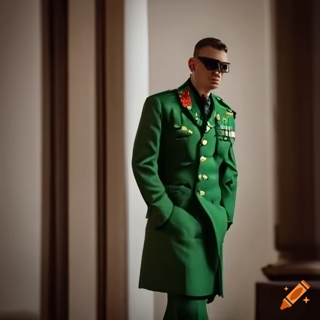 Army commander in green suit and sunglasses leaning on palace pillar