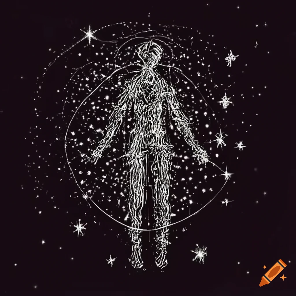 Male human figure constellation among twinkling stars