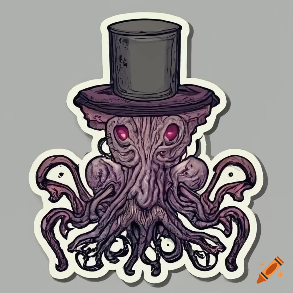 Lovecraftian creature with top hat in dark and detailed design