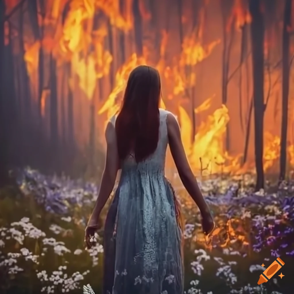 Brown haired woman walking in a forest wildfire amidst blooming flowers