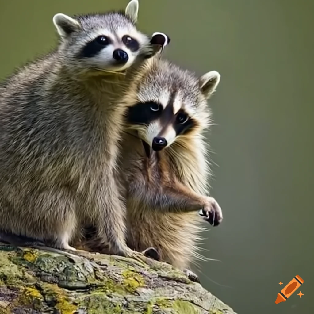 Raccoon helping another reach summit of a mountain