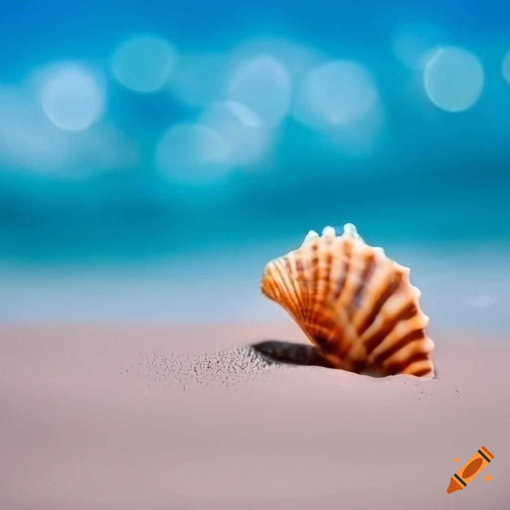 Seashell on sandy beach with bokeh effect sea and blue sky