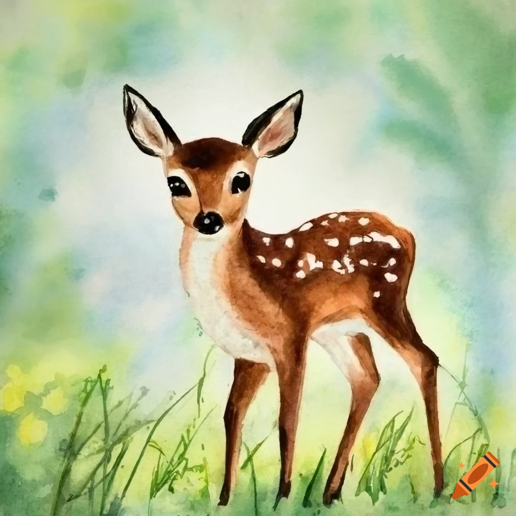 Fawn standing in grass in watercolor