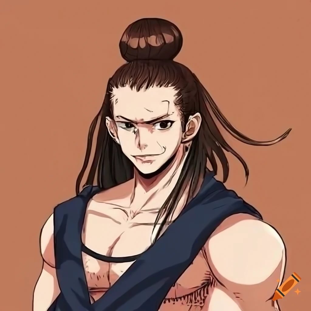 Male character with long hair in a ponytail resembling an anime style
