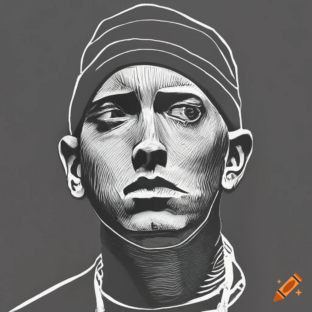 Linocut portrait of famous rapper Eminem in black and white