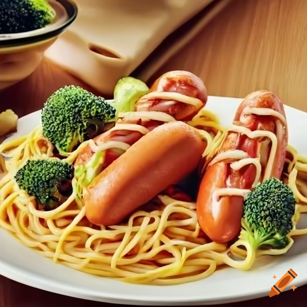 Spaghetti with chicken hotdogs, broccoli, and carrot