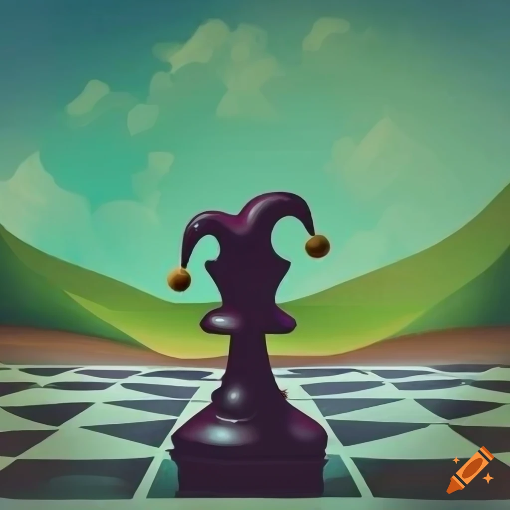 Whimsical jester with a chessboard, castle, and green hills in the background