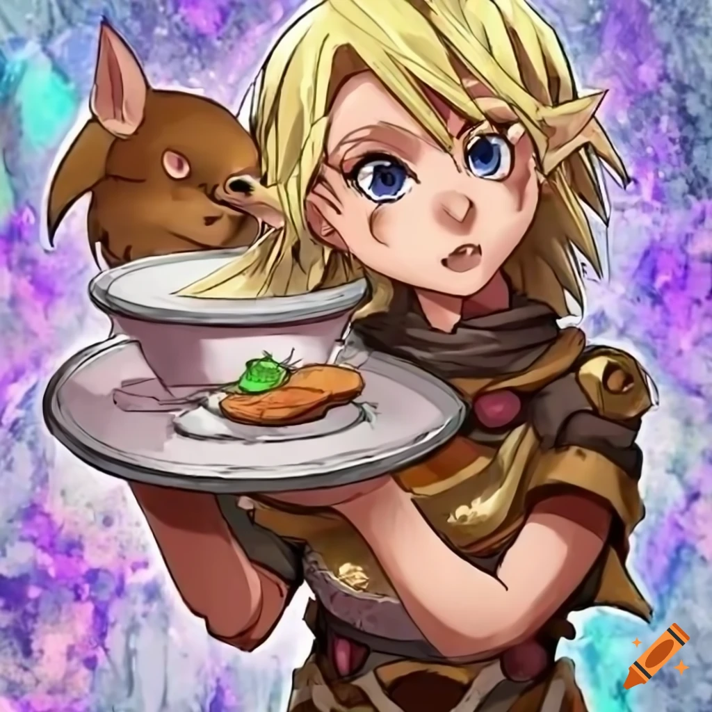 Halfling serving food with animated squirrels beneath her skin on a Yu-Gi-Oh card