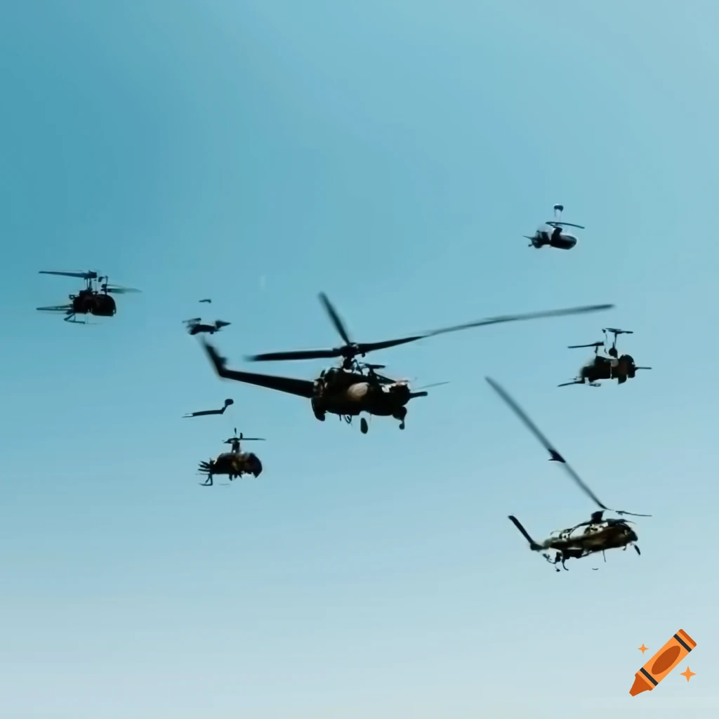 Group of military helicopters flying in formation on a transparent background