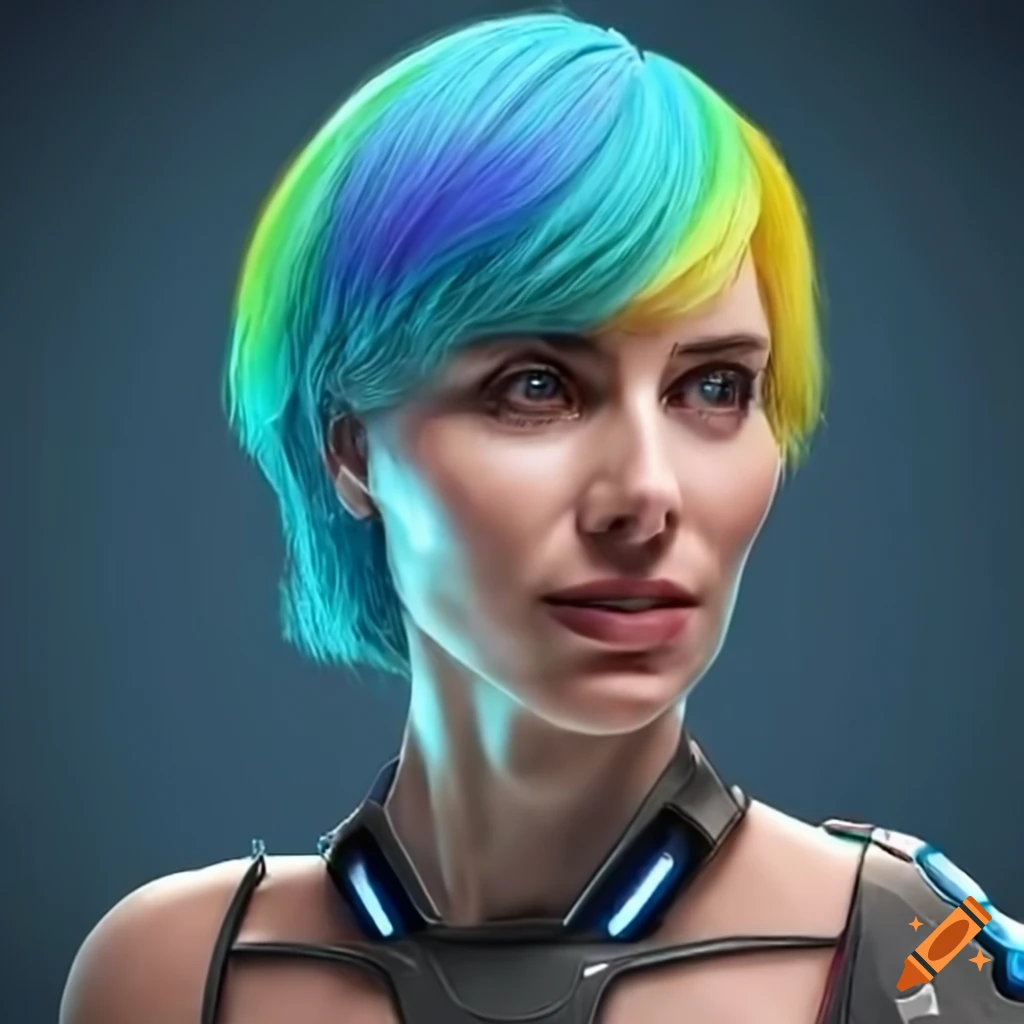 Caucasian woman with short yellow hair in futuristic space station attire