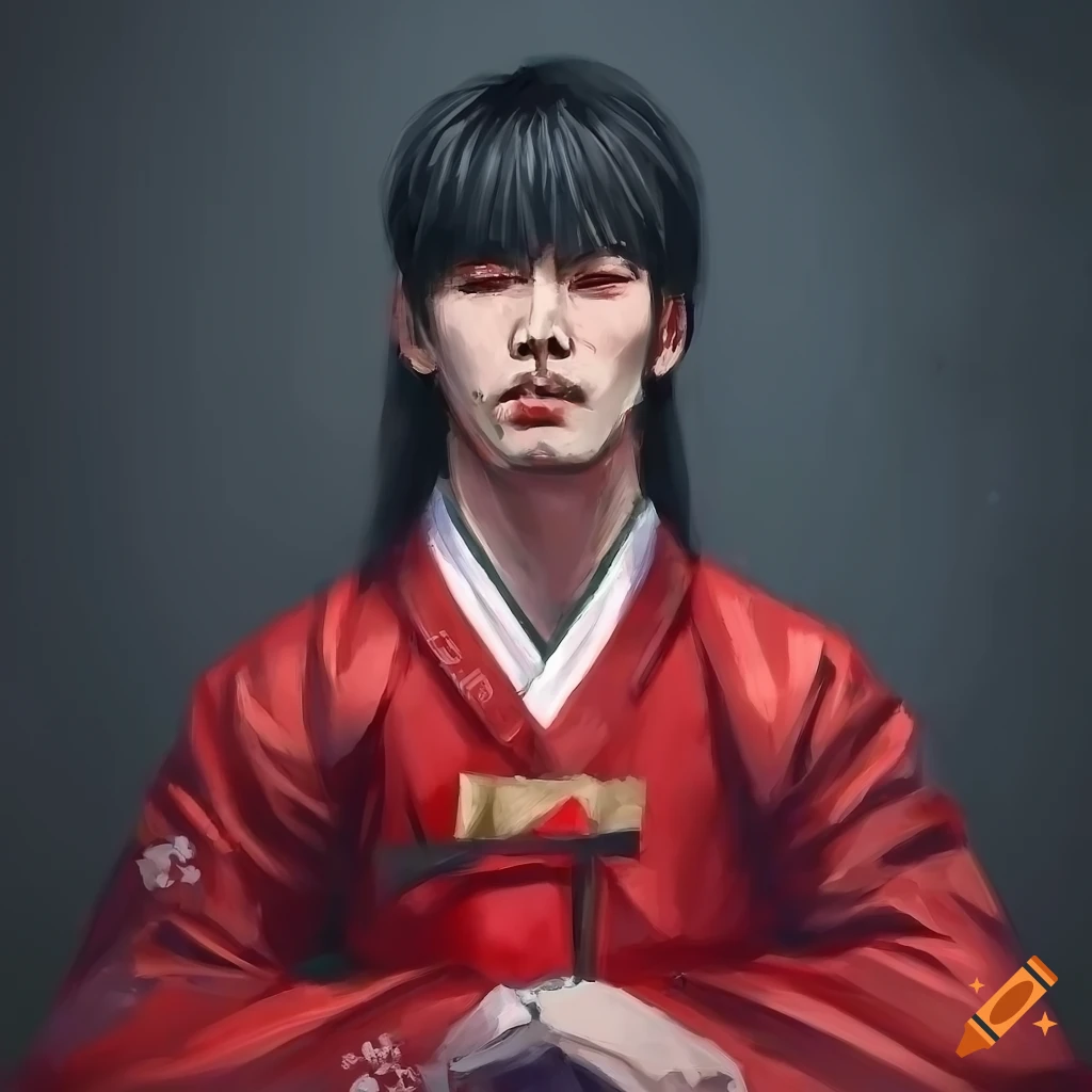 Pale sickly young Korean man with long black hair wearing traditional Korean hanbok