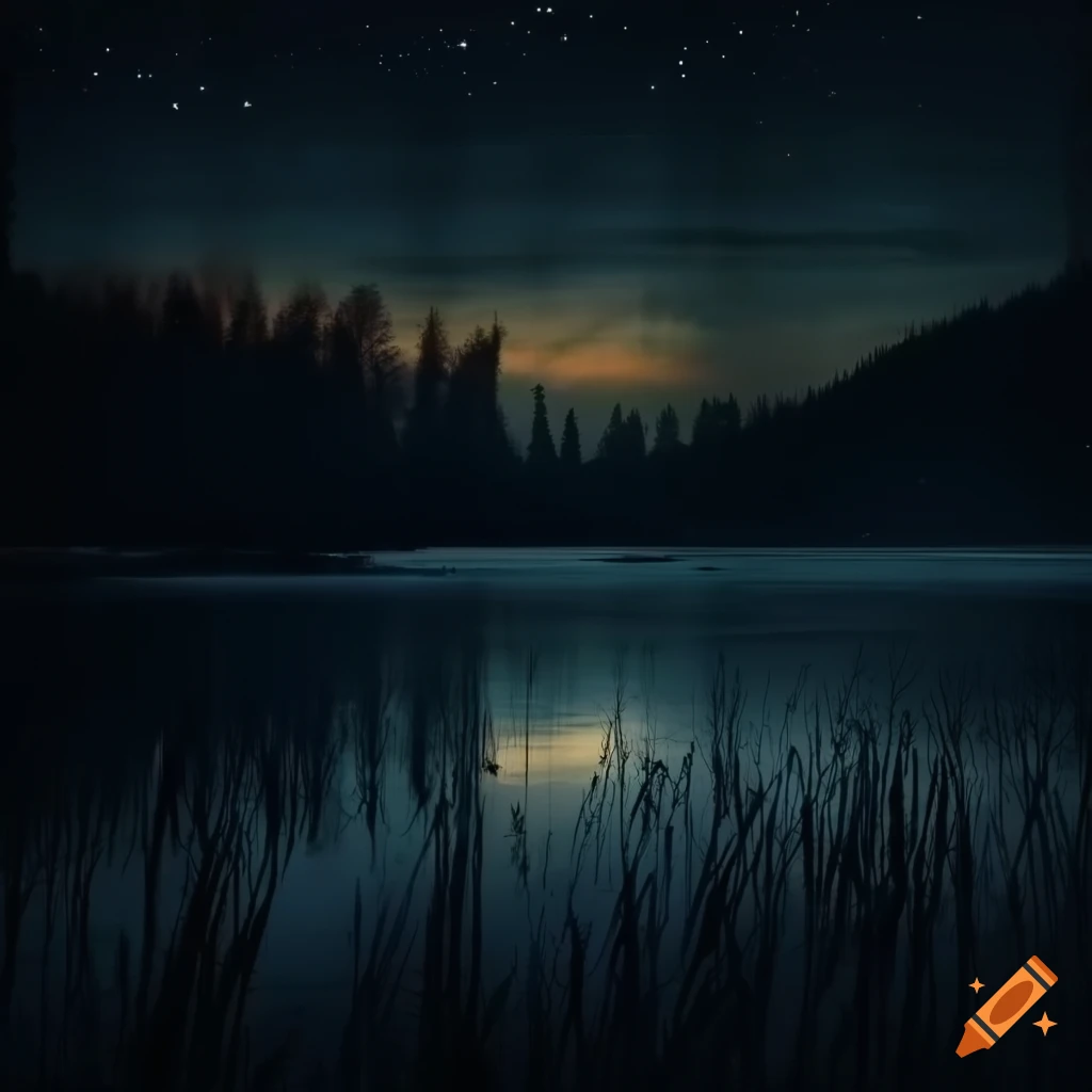 Obraz pohledu na jezero v noci za svitu měsíce s lesem, loukou a starým mlýnem