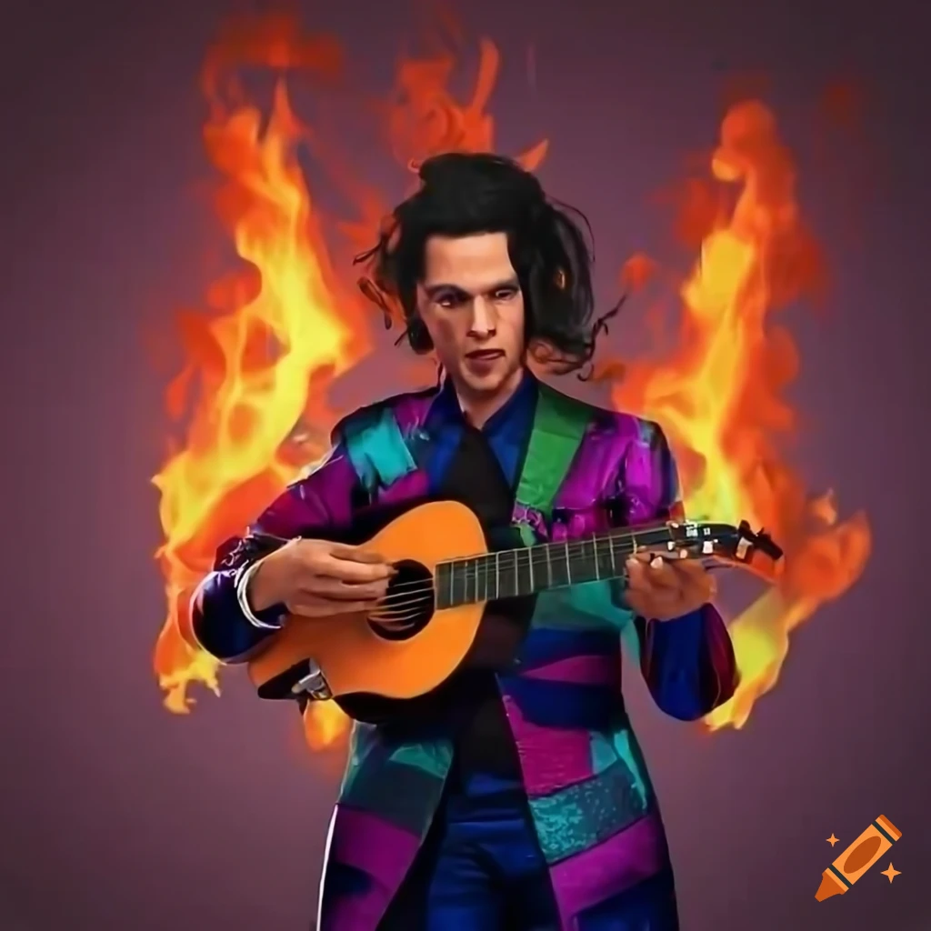 Spanish-inspired man in colorful suit playing a fire guitar