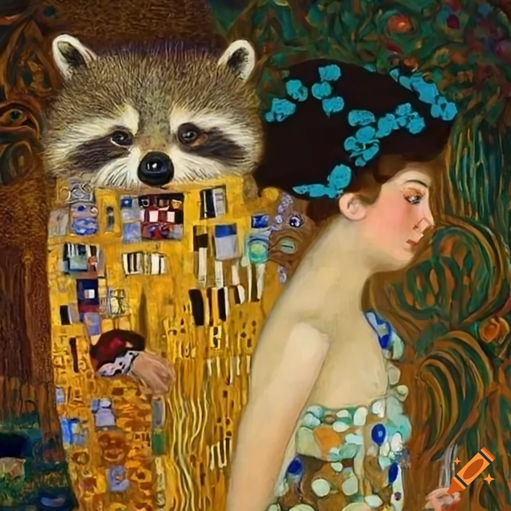 Unique art piece inspired by Gustav Klimt featuring people worshipping a raccoon