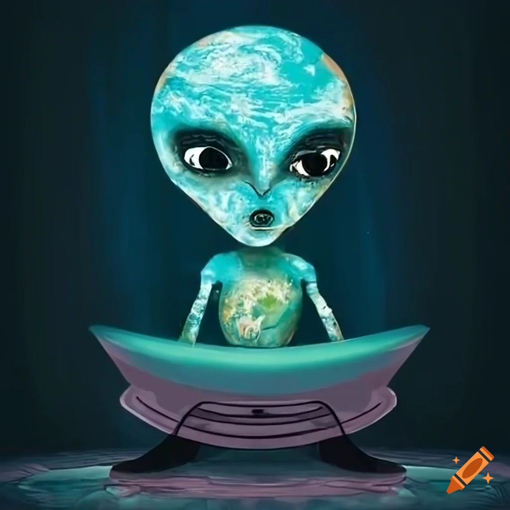 Alien in spaceship looking at Earth with surprise