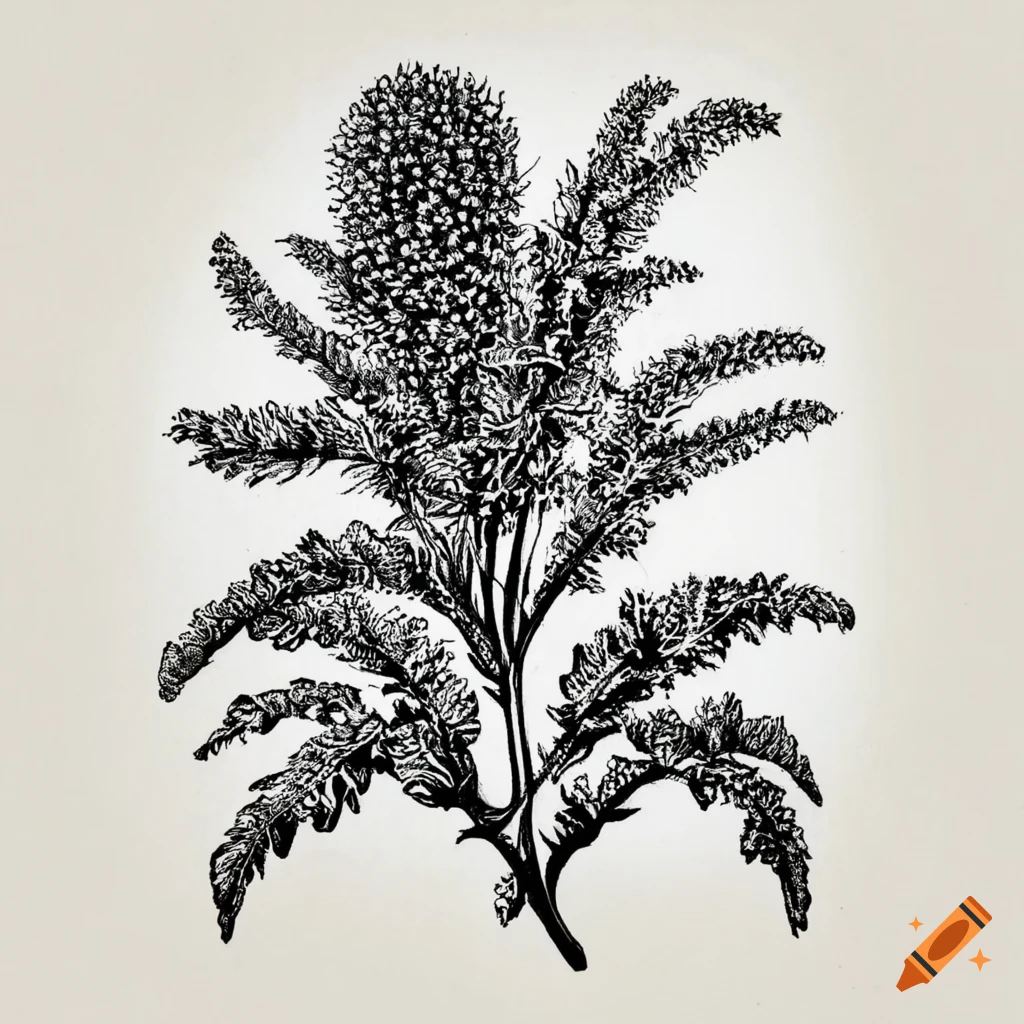 Black and white drawing of an entire Amaranth in old herbier style