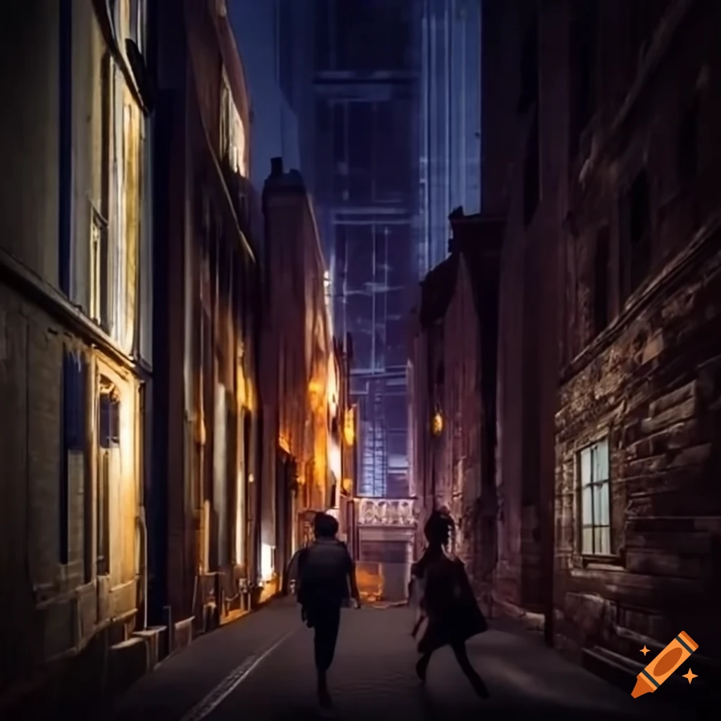 Evening city scene with three people showing mischievous expressions