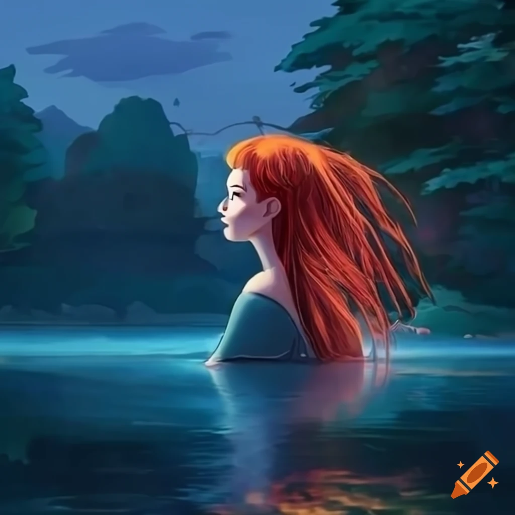 Mythical girl with green eyes and red hair by a tranquil lake in twilight