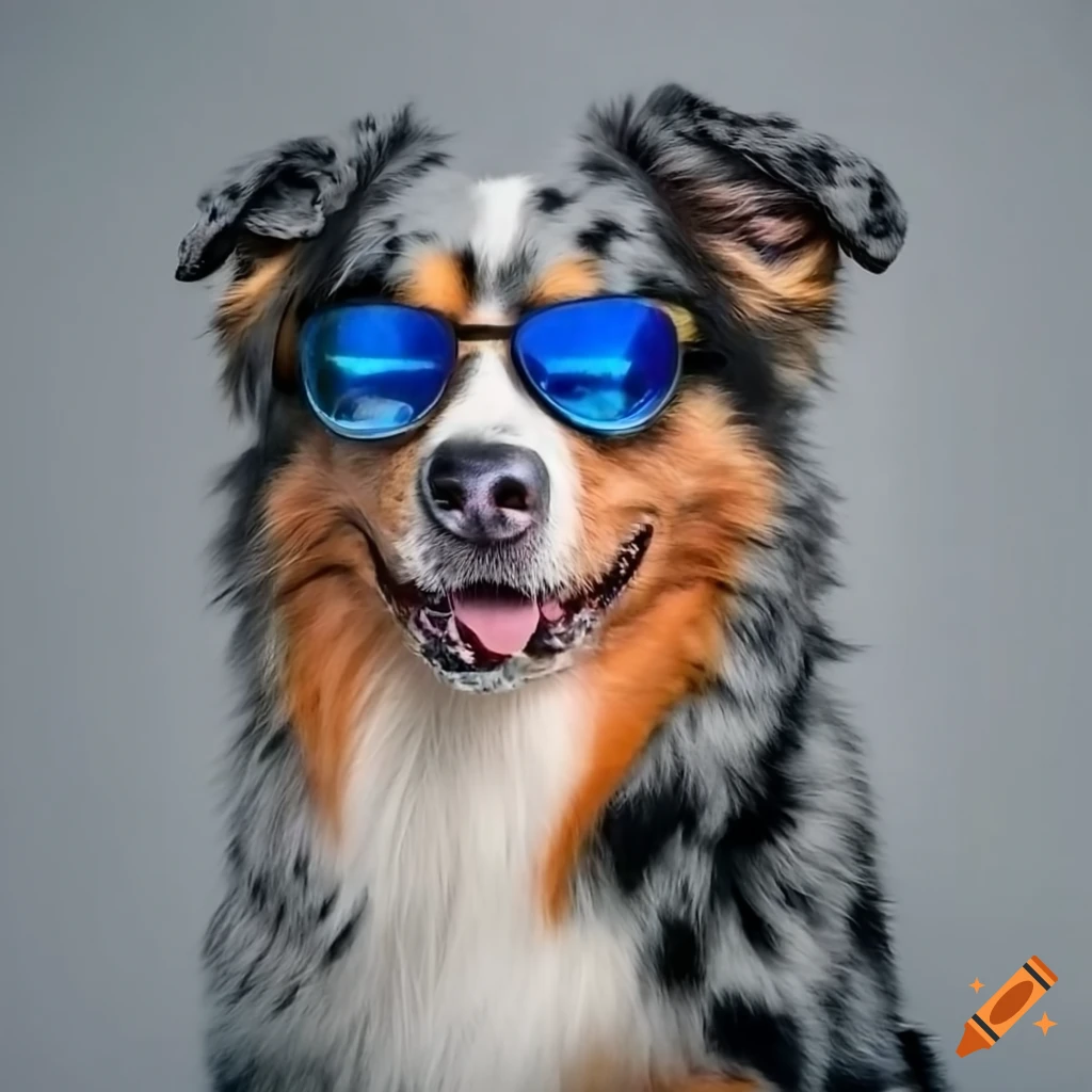 Australian shepherd with blue merle coloring wearing black sunglasses