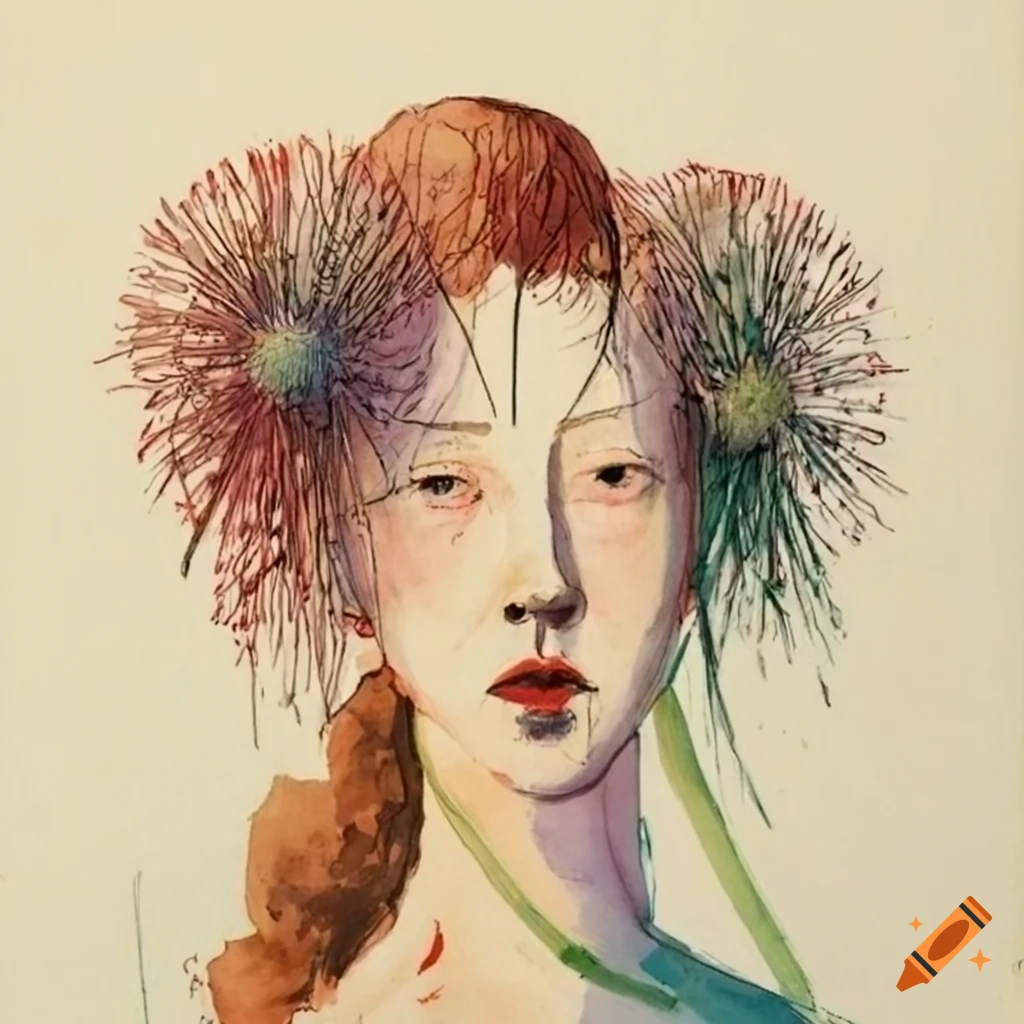 Woman with allium flowers in hair, abstract fashion portrait drawing