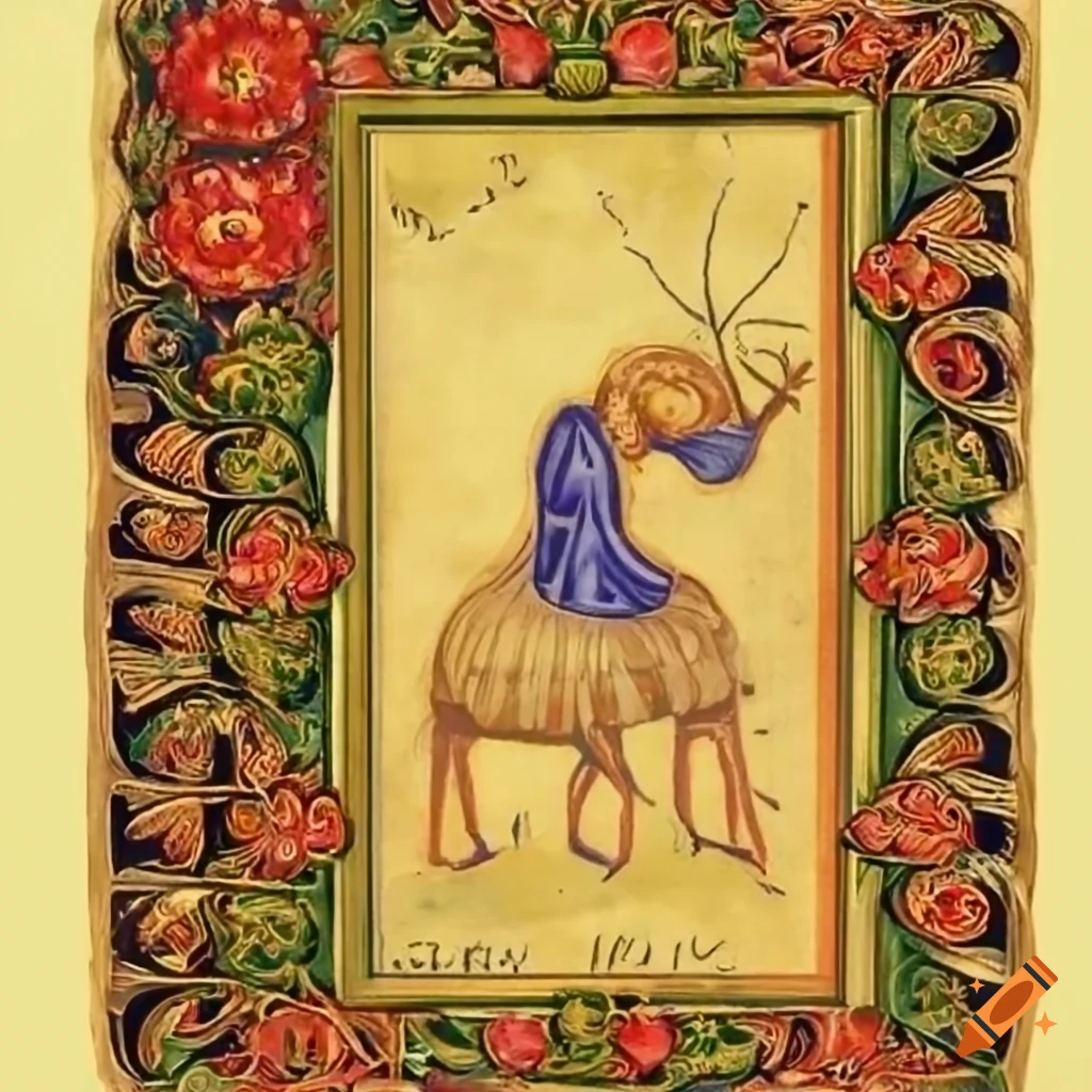 Medieval illuminated manuscript on parchment with ornate calligraphy ...