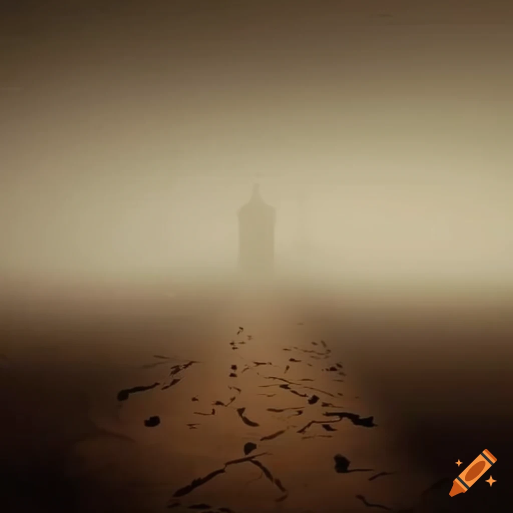 Barren post-apocalyptic landscape with ethereal fog and floating figure