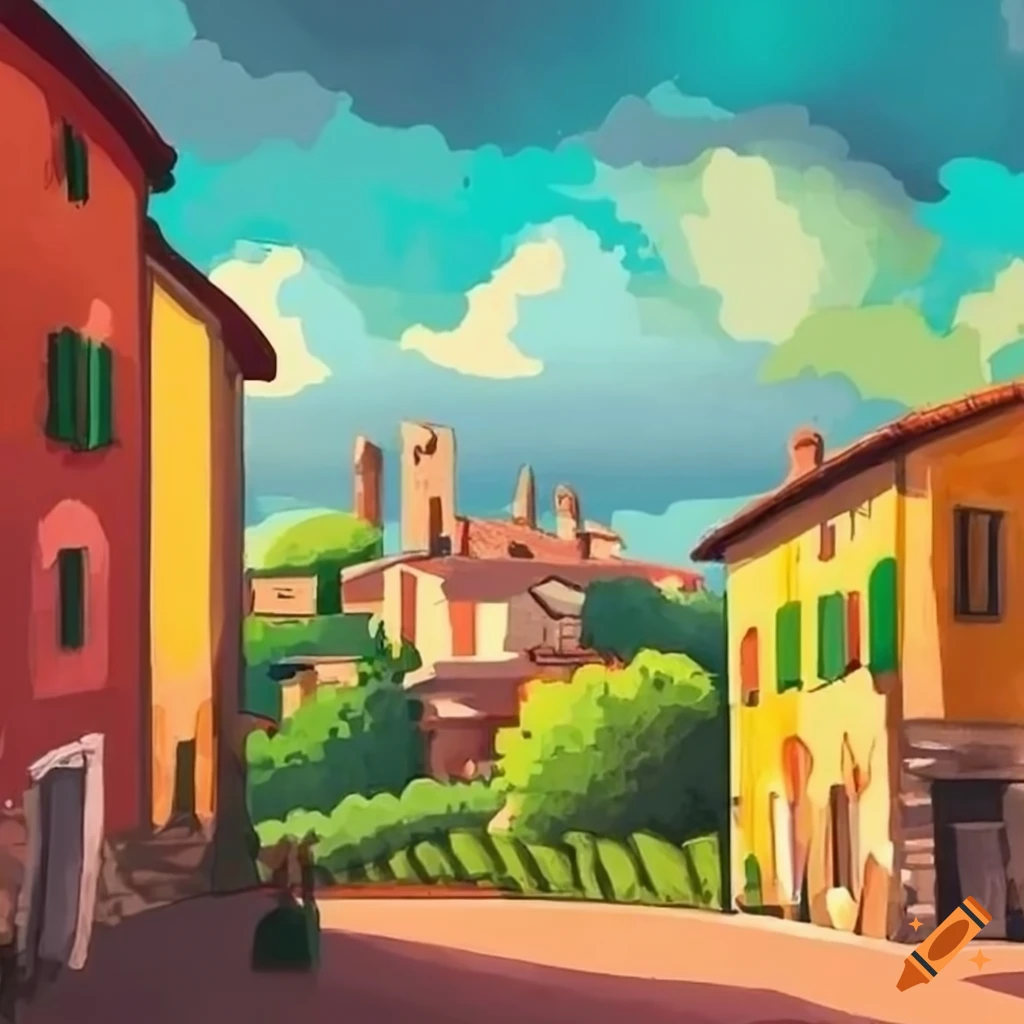 Vibrant 1950's Italian countryside with traditional style houses