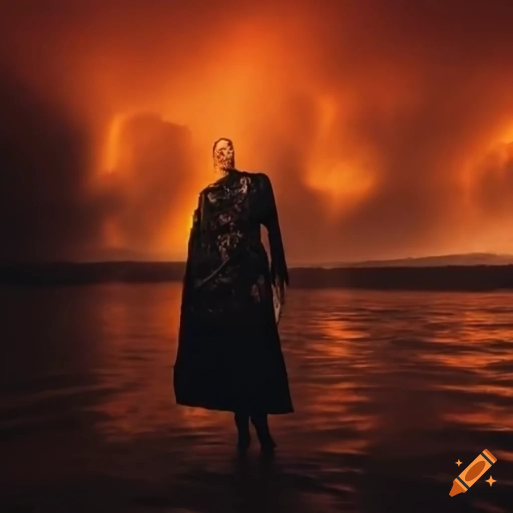 Apocalyptic scene of Earth engulfed in flames and floodwaters under a dramatic sunset
