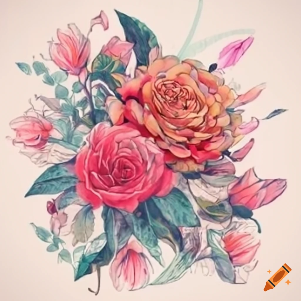 Intricate floral pattern with roses, lilies, and daisies in vibrant colors