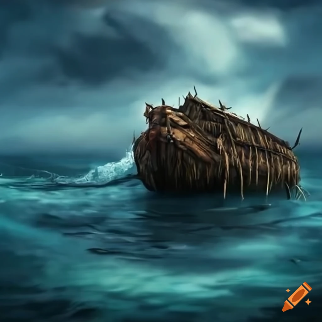 Prehistoric log raft ark in a dramatic sea storm