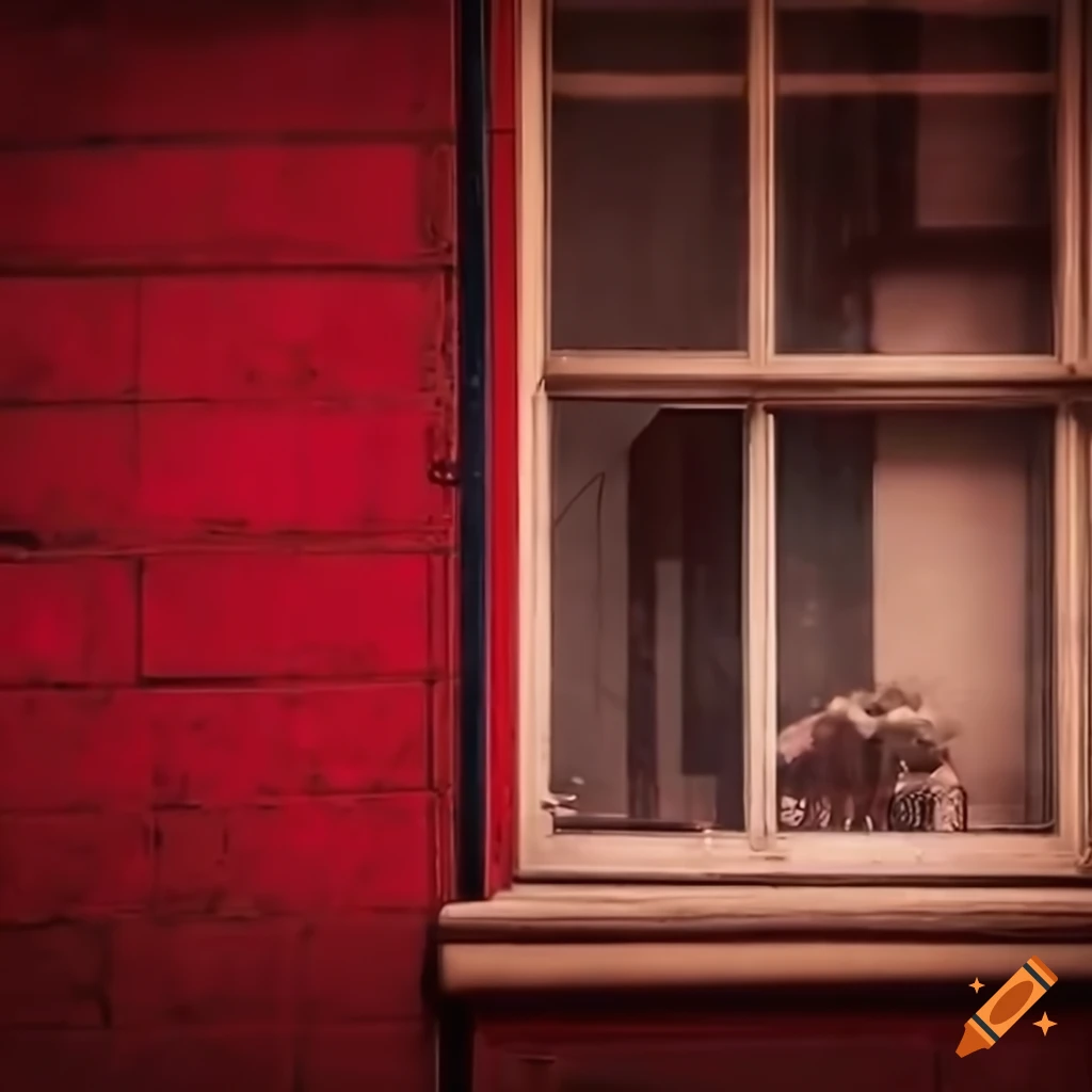 Red-toned room with a view of a street with a bar or restaurant
