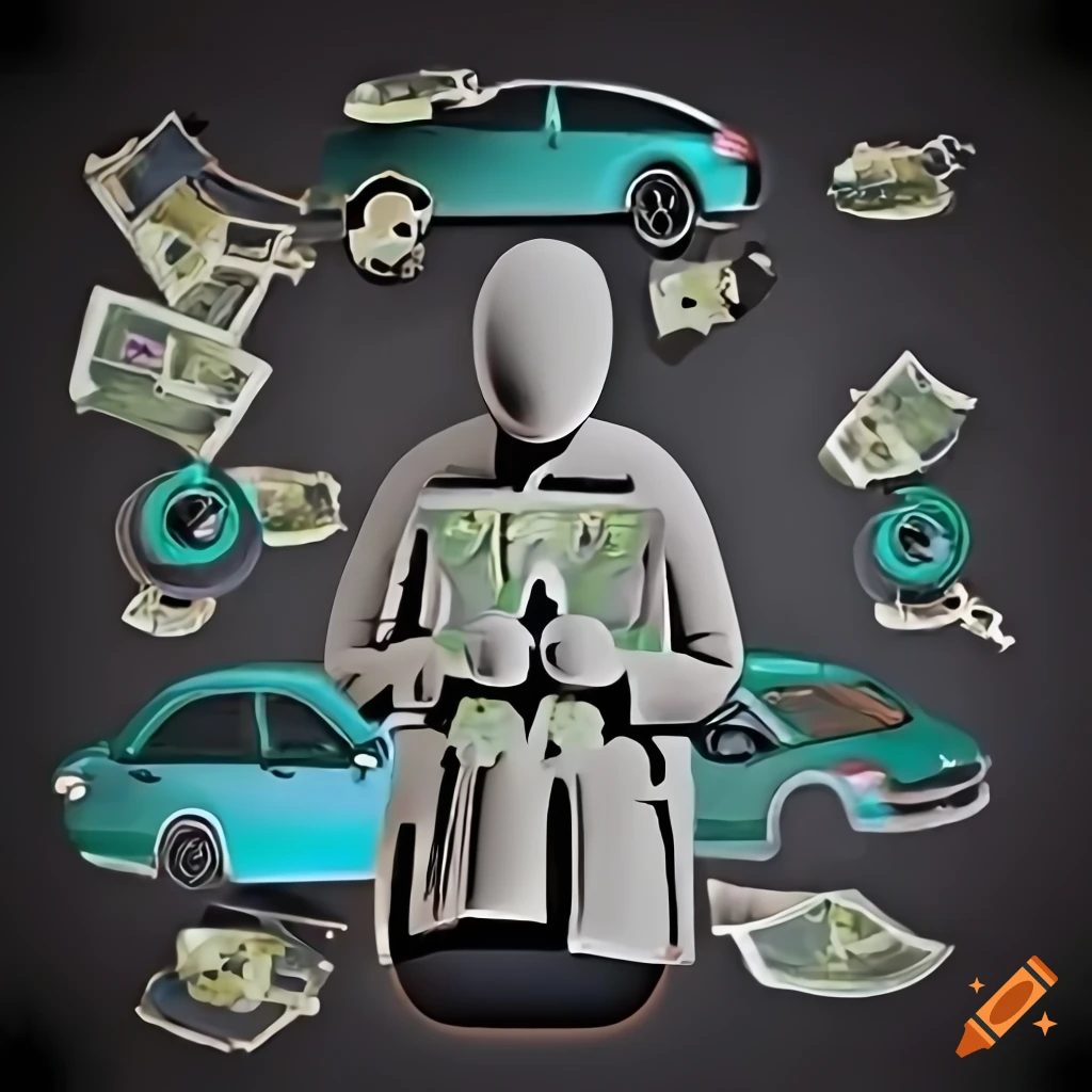 Person surrounded by bills and car parts representing financial burden of ownership