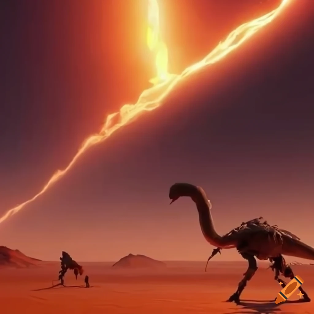 Realistic fight in a desert with dramatic lighting in the sky