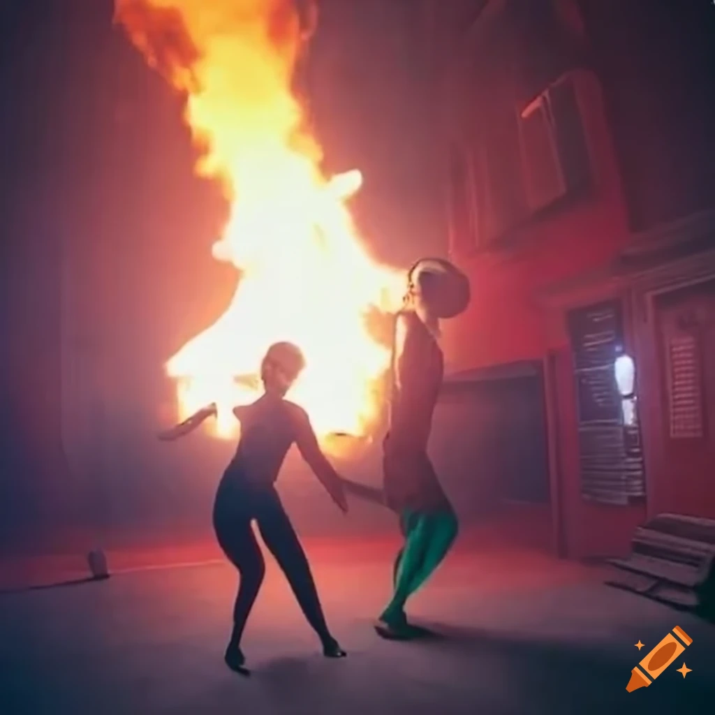 Alien dancing to music with a boombox and fire effects on Craiyon