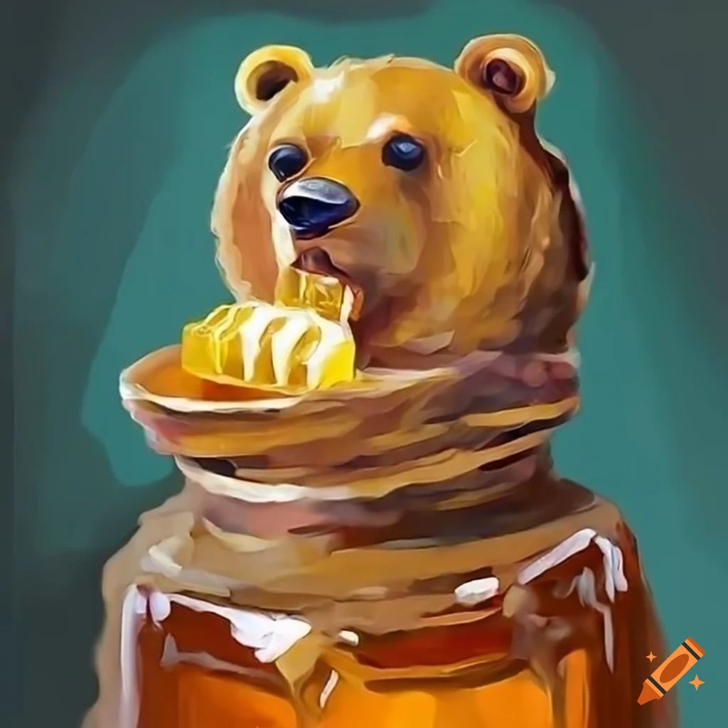 Bear-shaped honey container overflowing with golden honey