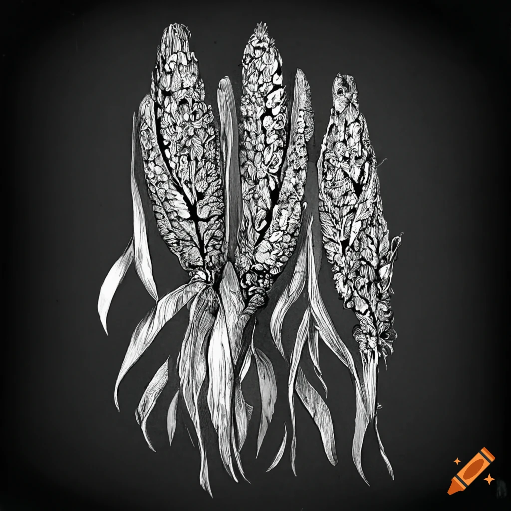 Black and white drawing of a full Quinoa plant in herbier style