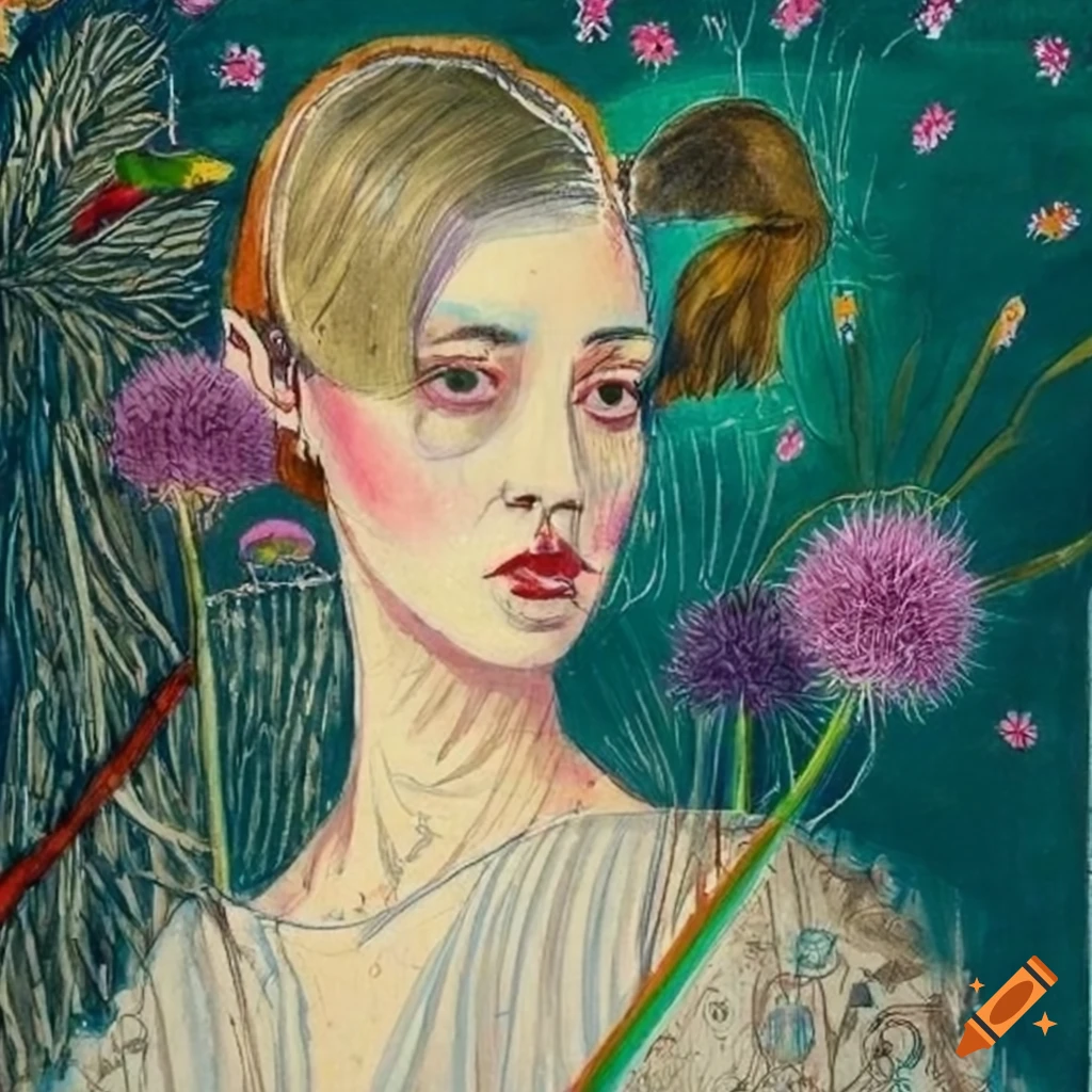 Woman with allium flowers in her hair in a fashion drawing by E. Sotoko