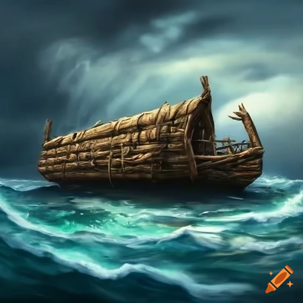 Realistic prehistoric log raft ark in a stormy sea
