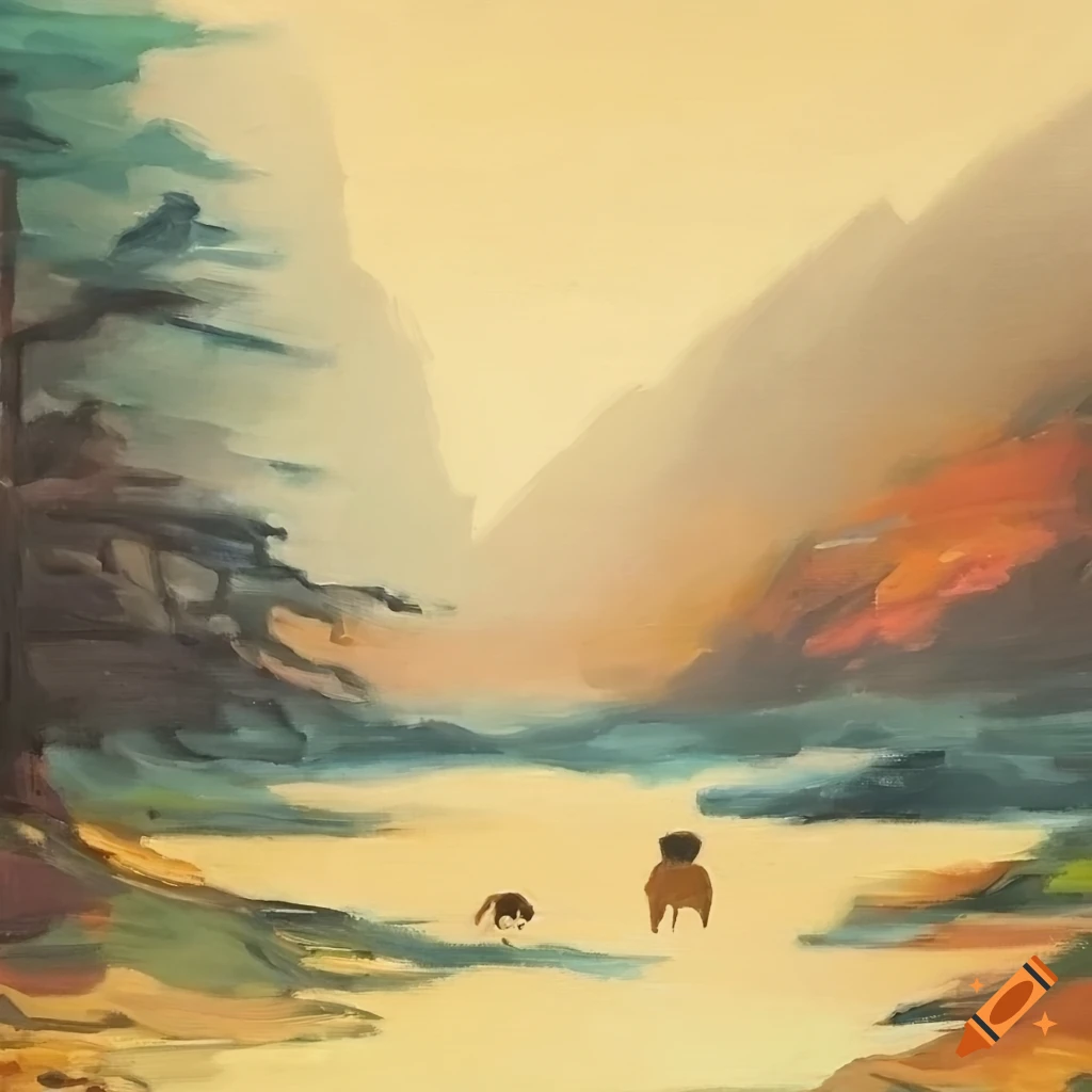 1970s Korean country background portrayed in oil painting with a dog