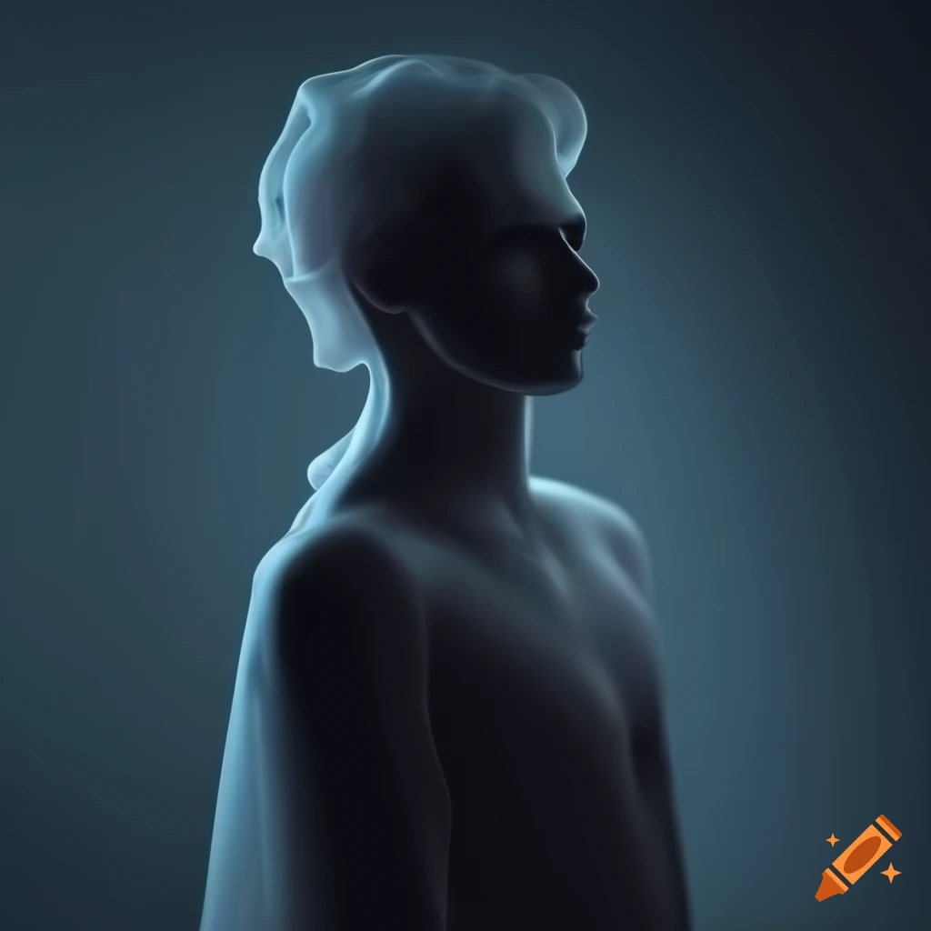 Translucent ethereal male ghost glowing in monochrome