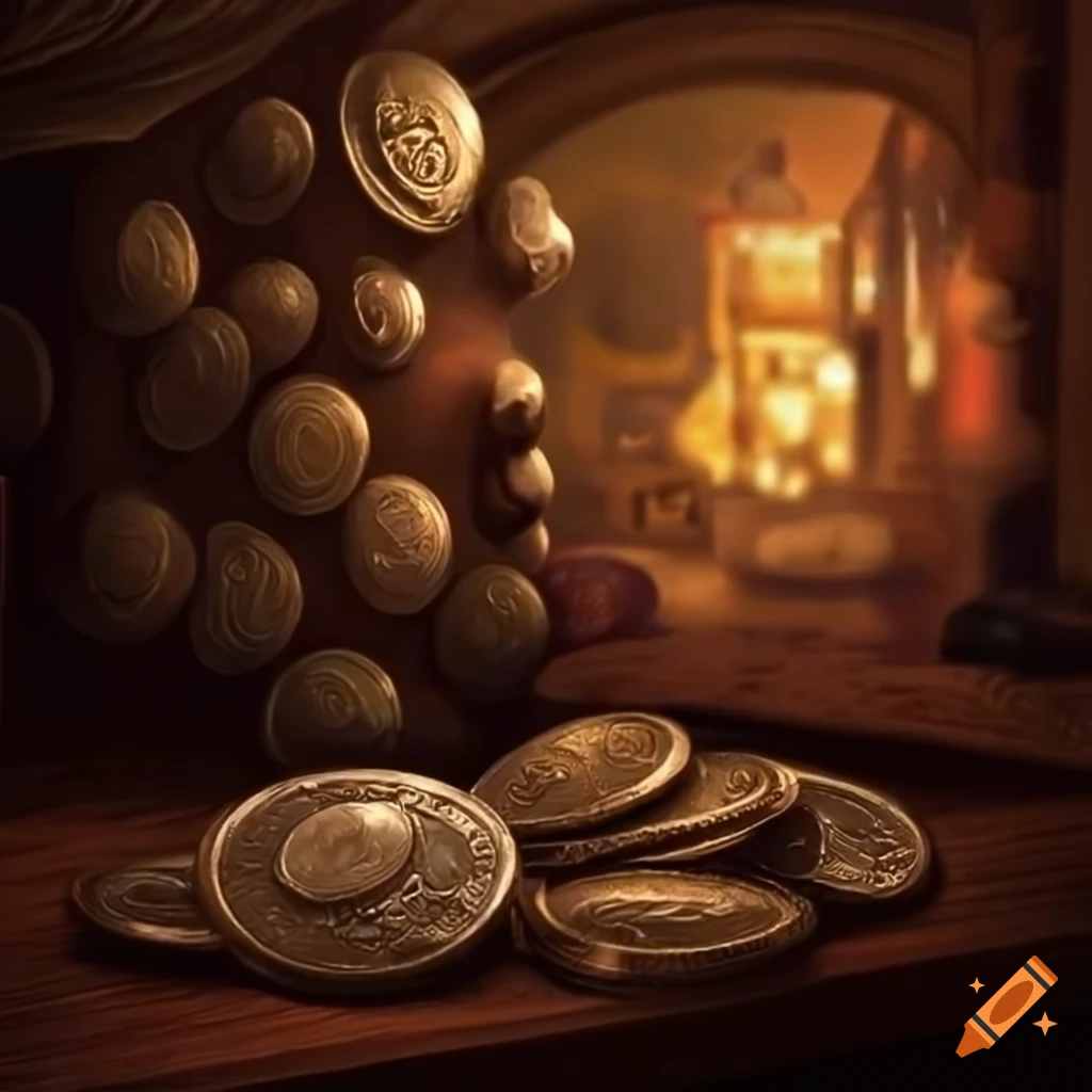 Coins being passed around in a fantasy pub setting