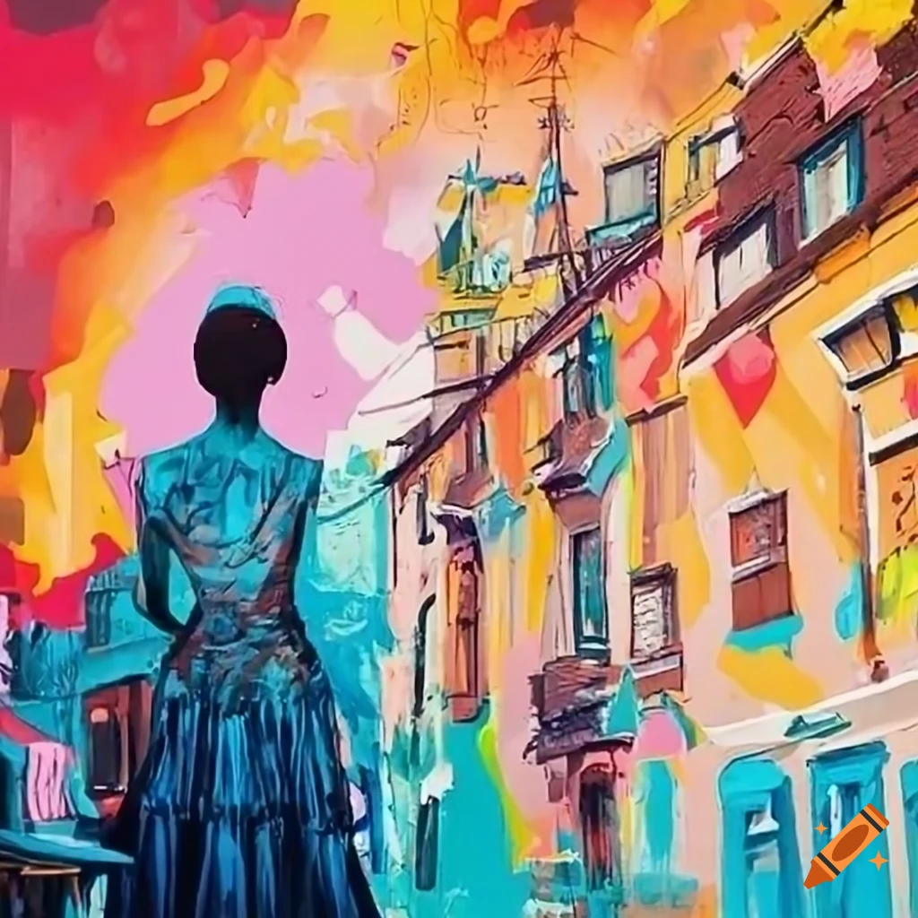 Young artist Mia painting a mural in a bustling city
