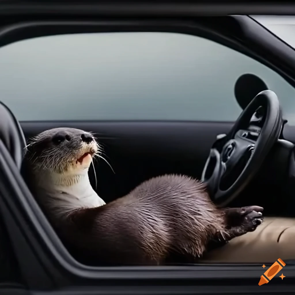 Otter in black formal suit driving a white car with hand out of window